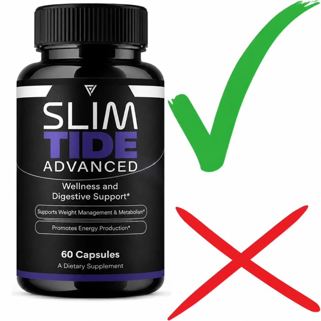 Bottle of SlimTide gut-health supplement with checkmark and X icons representing the pros and cons review section