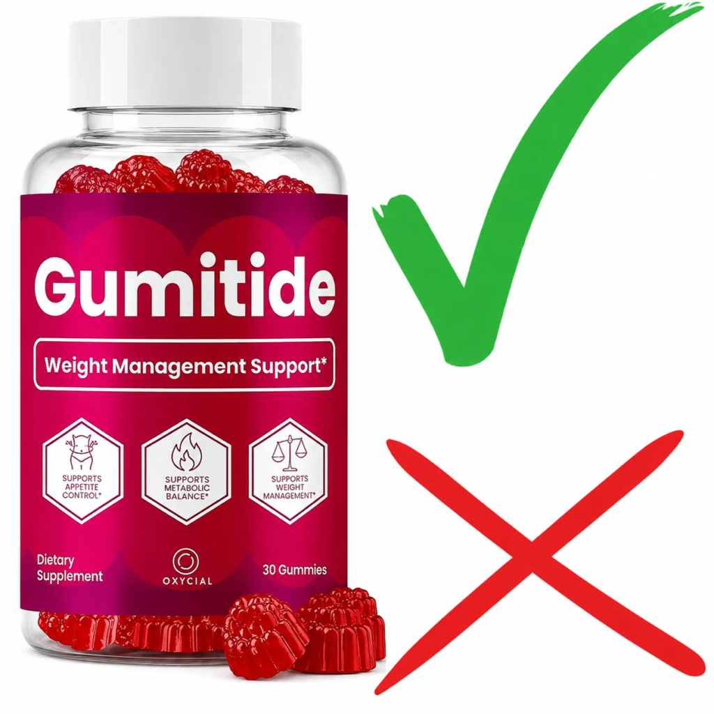 Bottle of Gumitide weight management gummies with checkmark and X icons representing the pros and cons review section