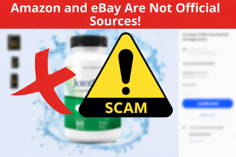 Scam warning graphic alerting shoppers to avoid fake JointBreX listings on third-party sites like Amazon