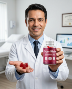 Doctor in a white coat holding a bottle of Gumitide weight management gummies during a product review